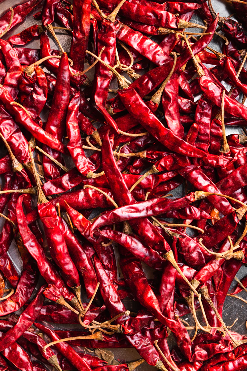 A bed of deep red sun-dried chillies