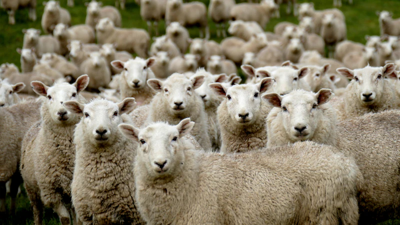 A flock of white sheep facing the camera